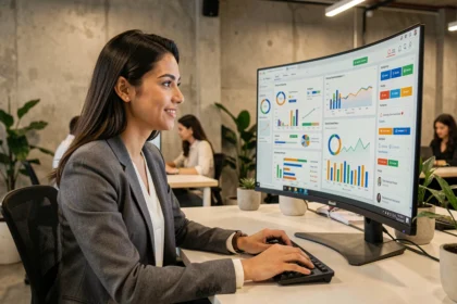 Profissional de marketing digital analisando dados e tendências em dashboard no computador em escritório moderno de São Paulo