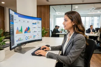 Profissional de marketing digital brasileira analisando métricas e dashboards em escritório moderno em São Paulo