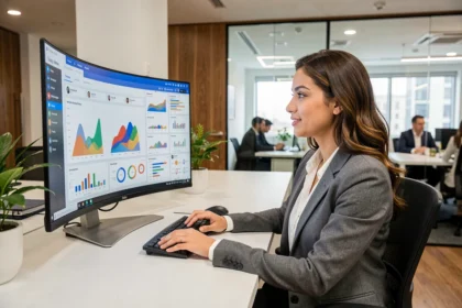 Profissional de marketing digital brasileira analisando métricas e dashboards em escritório moderno em São Paulo