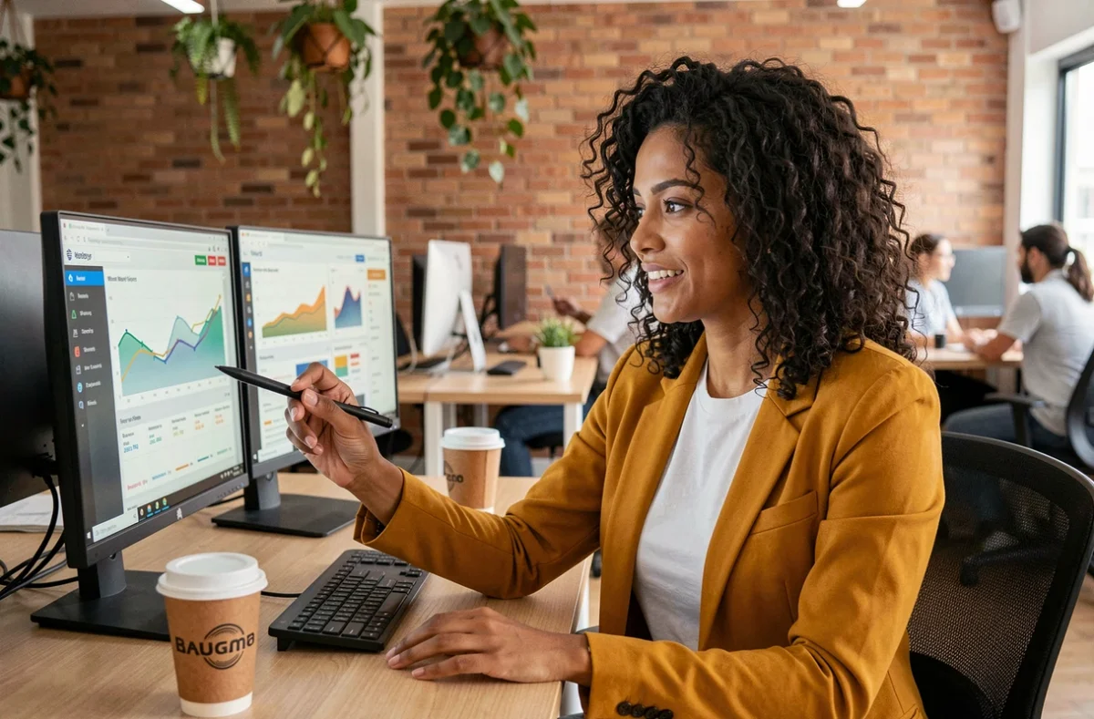 Profissional de marketing digital analisando métricas de e-commerce em coworking brasileiro