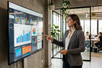 Profissional de marketing digital brasileira apresentando dados e tendências em painel interativo em escritório moderno de São Paulo