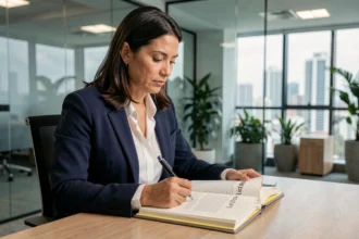 Profissional brasileira revisando documentos da Lei de Licitações em escritório corporativo moderno