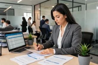 Profissional de RH analisando documentos da nova legislação trabalhista 2026 em escritório corporativo moderno