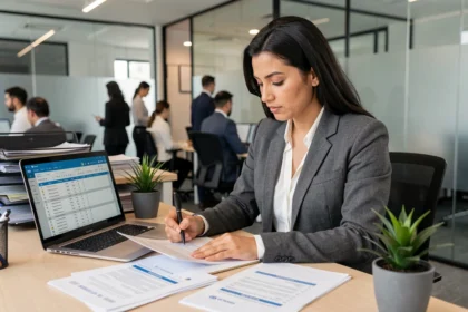 Profissional de RH analisando documentos da nova legislação trabalhista 2026 em escritório corporativo moderno