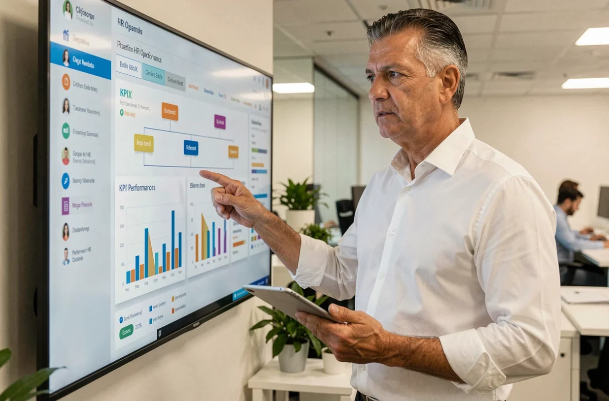Profissional de RH analisando métricas de desempenho de colaboradores em painel digital corporativo