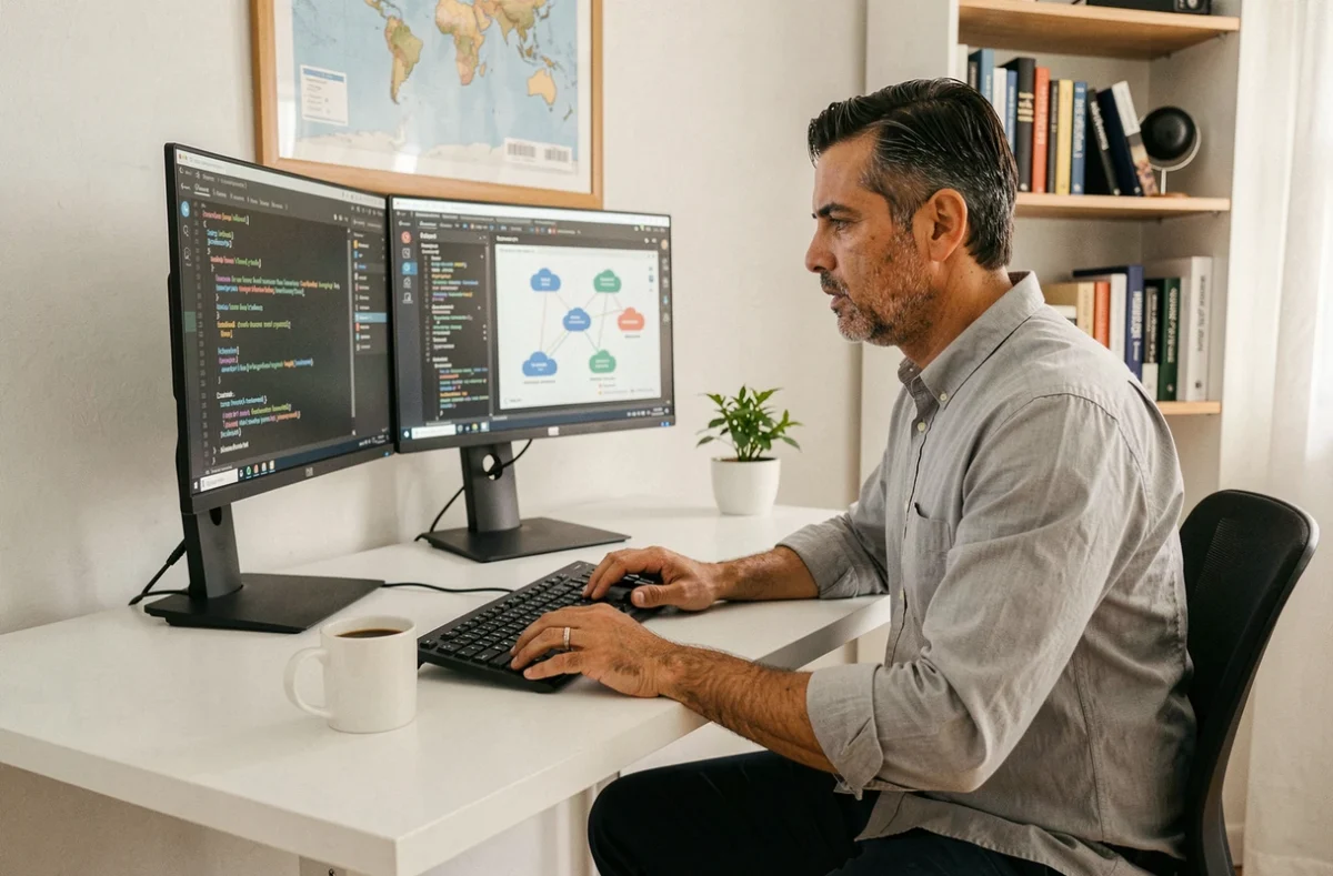 Profissional brasileiro de tecnologia trabalhando remotamente em home office com monitores exibindo sistemas digitais