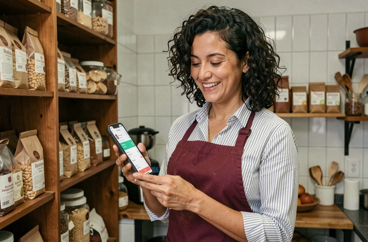 Proprietária de padaria artesanal brasileira gerenciando pedidos online pelo smartphone dentro da cozinha da sua empresa familiar