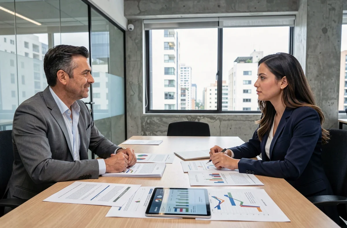 Reunião de empresários brasileiros com contador discutindo relatórios financeiros e gráficos em sala de reunião moderna