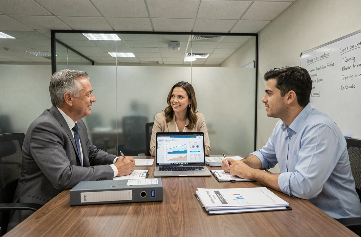Equipe de profissionais em reunião corporativa discutindo impactos das novas leis trabalhistas brasileiras de 2026