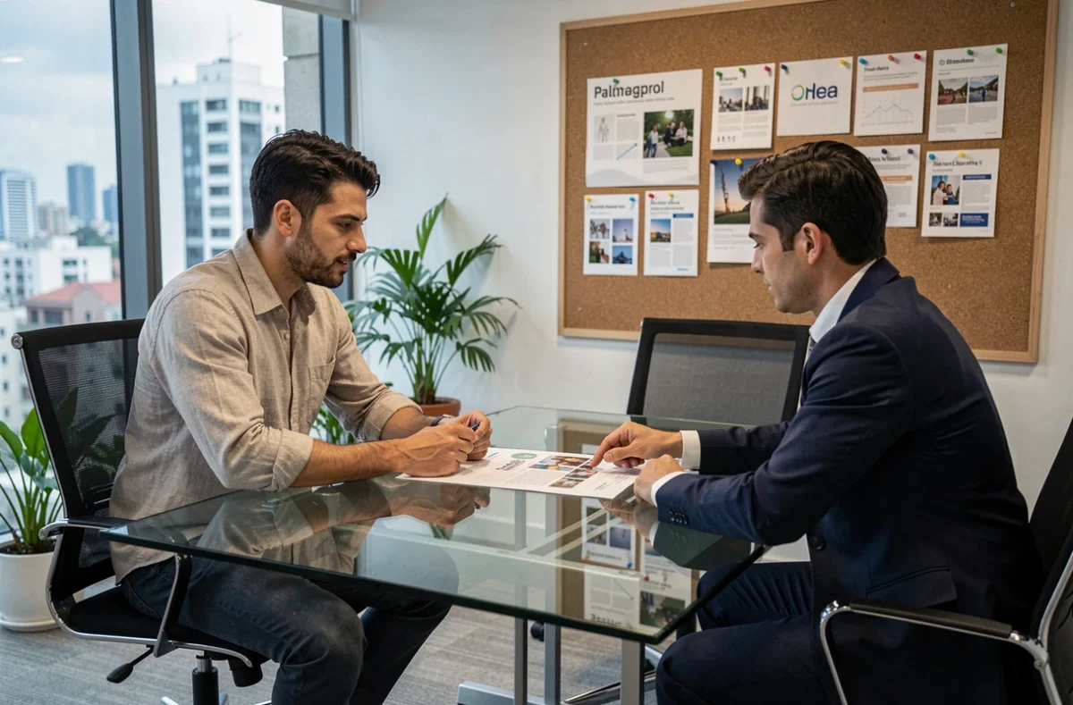 Influenciador masculino em reunião de parceria comercial com executivo de marketing em agência moderna em São Paulo