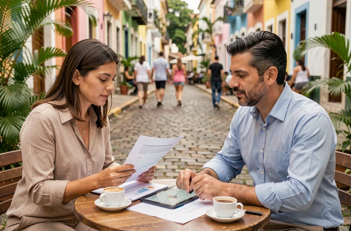 Dois profissionais brasileiros discutindo relatórios de marketing de conteúdo em café ao ar livre em ambiente urbano
