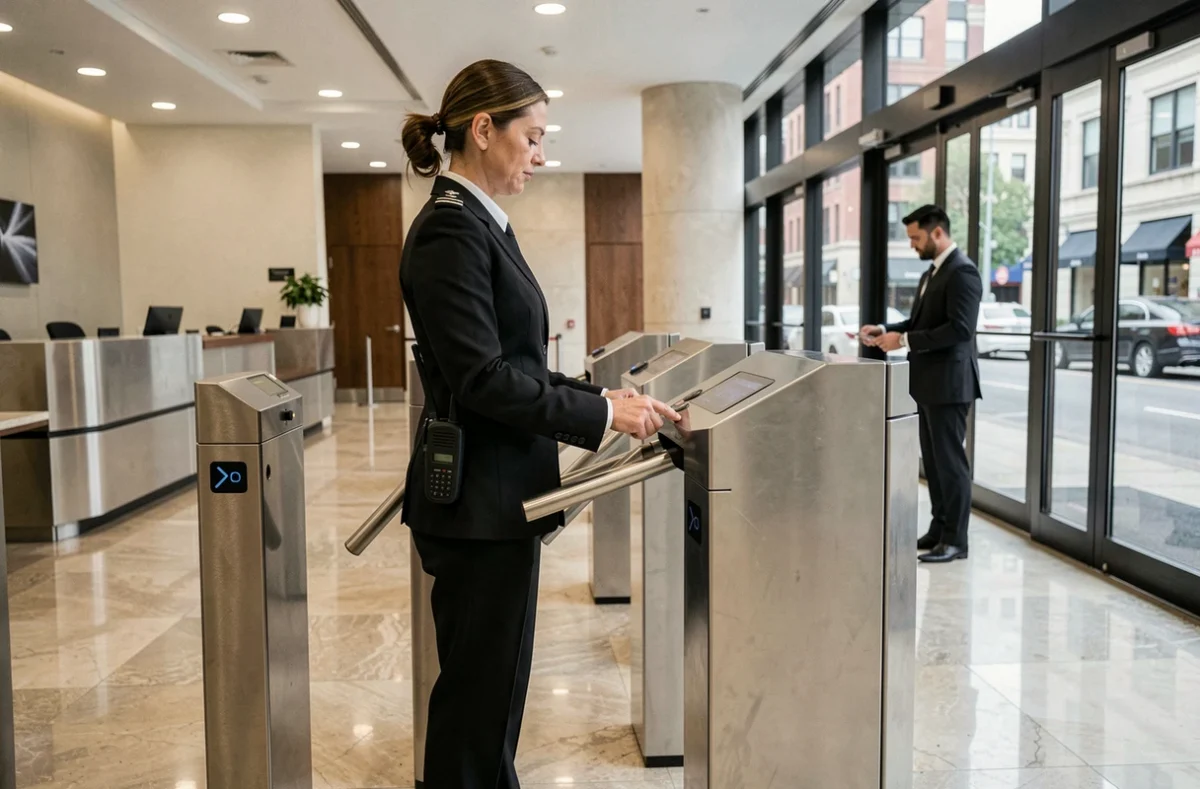 Segurança feminina uniformizada monitorando controle de acesso na entrada de edifício comercial