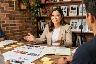Mulher brasileira apresentando conceito de storytelling publicitário em agência criativa moderna, com storyboards e anotações na mesa de madeira rústica