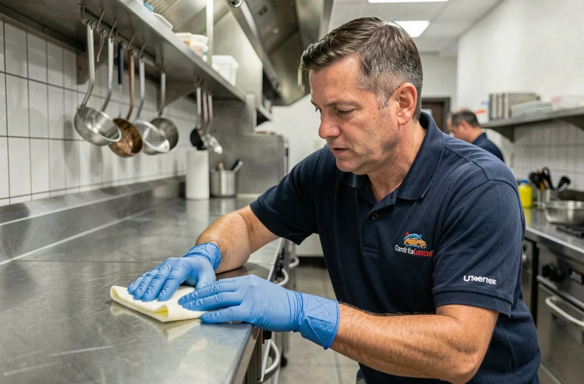 Técnico de limpeza profissional higienizando superfície de aço inox em cozinha comercial